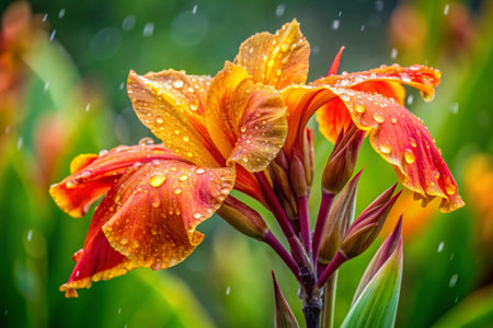 Beautiful orange lily flower with raindrops in the garden.の素材
