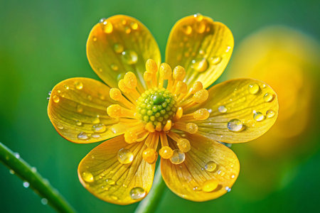 Macro of a yellow buttercup flower with raindrops on itの素材