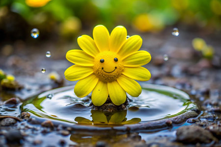 Yellow daisy with smiley face in the water with raindropsの素材