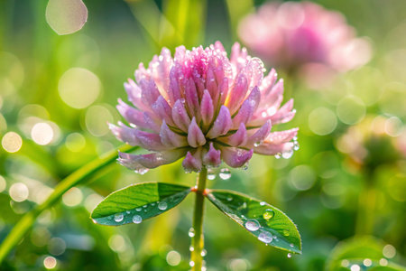 Clover flower with dew drops in the morning. Shallow depth of field.の素材