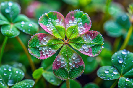 Green clover leaves with dew drops after rain. Nature backgroundの素材