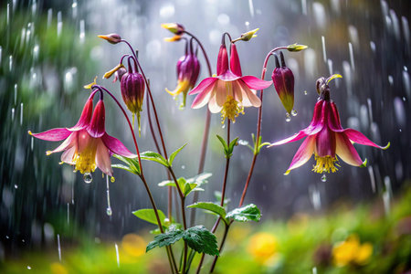 Aquilegia vulgaris flowers in the rain on a rainy dayの素材