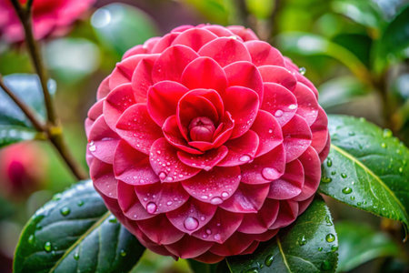 Beautiful red camellia flower with dew drops after rainの素材