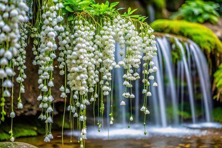 Lily of the valley flower with waterfall background, Thailand. (Lily of the valley)の素材