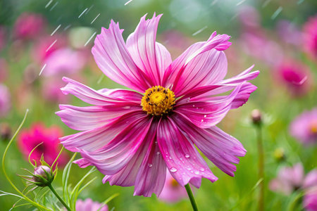 Cosmos flower in the garden with rain drop, nature background.の素材