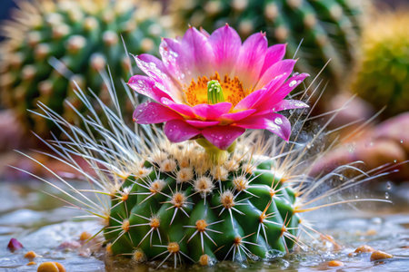 Close up of Mammillaria cactus flower with water drops.の素材