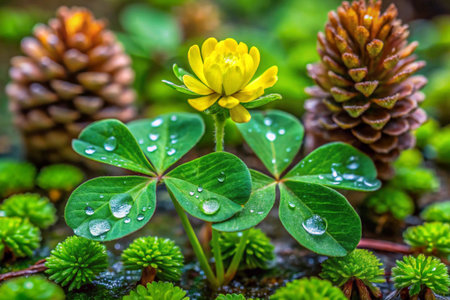 Water droplets on a clover plant in the rain forest.の素材