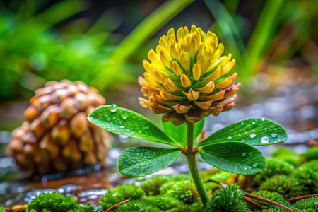 Close up of a yellow clover (Trifolium pratense) flower with raindropsの素材