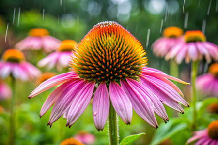Pink coneflower (Echinacea purpurea) in the rainの素材