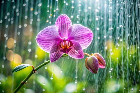 Beautiful purple orchid with rain drops on green nature background.の素材