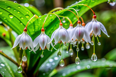 Close up of white flowers with raindrops in the rainforest.の素材
