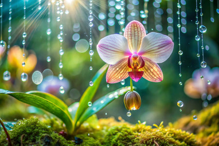 Orchid flower with water drops on green moss background, Phalaenopsisの素材
