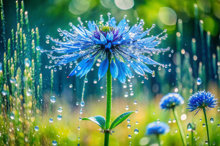 Beautiful blue cornflower with dew drops on green background.の素材
