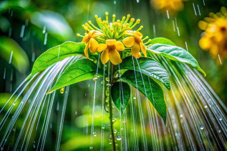 Close up of Yellow flower in garden with rain drops, Thailand.の素材
