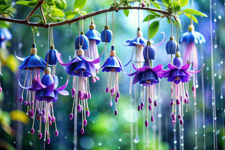 Purple fuchsia flowers with rain drops on green background.の素材