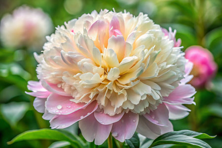 Beautiful peony flower blooming in the garden. Close up.の素材