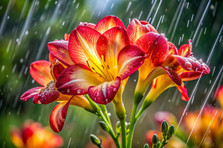 Rain drops on a red and yellow lily in the garden.の素材