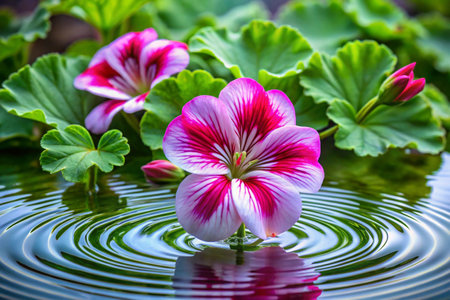 Pink and white geranium flowers reflected in water with ripples.の素材