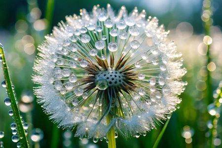 Dandelion with dew drops in the morning. Macro photographyの素材