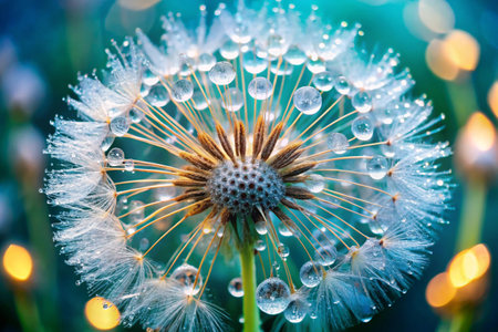 Dandelion flower with water drops close up. Nature background.の素材