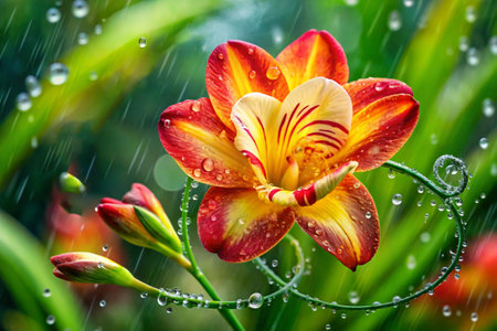 Red and yellow daylily with raindrops on a green backgroundの素材