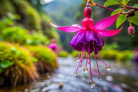 Fuchsia flower with water drop in the garden, Thailand.の素材