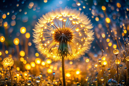 Dandelion seeds in the morning dew on a meadowの素材