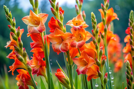 Beautiful gladiolus flowers blooming in the garden. Nature backgroundの素材