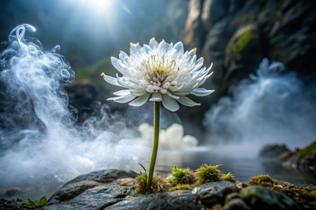 White flower on the rock with fog and sunlight background, Thailand.の素材