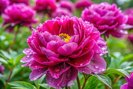 Beautiful peony flower with rain drops in the garden, stock photoの素材