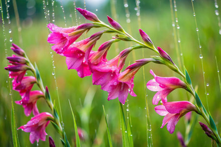 Beautiful pink gladiolus flowers with raindrops on green backgroundの素材