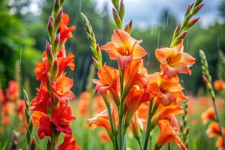 Beautiful orange gladiolus flowers in the garden on a summer dayの素材