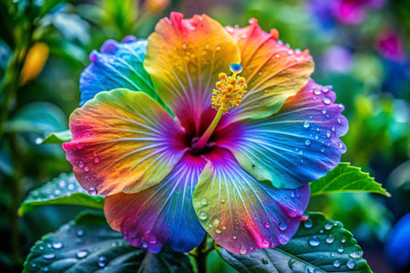 Colorful hibiscus flower with water drops in the gardenの素材