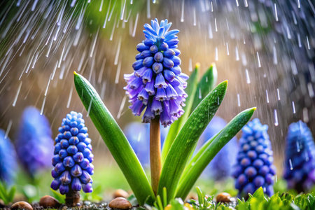 Grape Hyacinth (Muscari armeniacum) in rainの素材