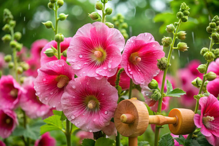 Pink hollyhock flowers in the garden with rain drops.の素材