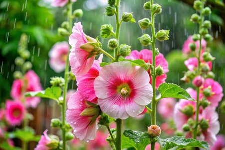 Pink hollyhock flowers in the garden with rain drops.の素材