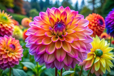 Colorful dahlia flowers in the garden. Beautiful flower background.の素材