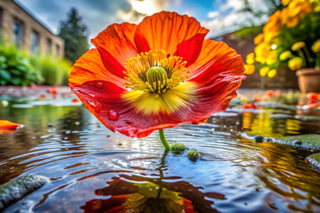 poppy flower in the garden with raindrops on the petalsの素材