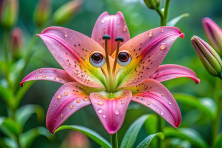 Beautiful pink lily flower with rain drops on petals.の素材