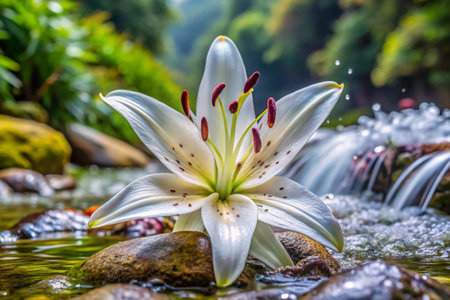 White lily flower in the garden with water drops, Thailand.の素材