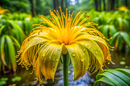Yellow lily flower with water drops in the garden, Thailand.の素材