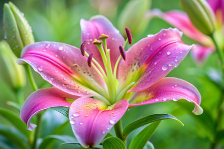 Beautiful pink lily with raindrops on the petals.の素材