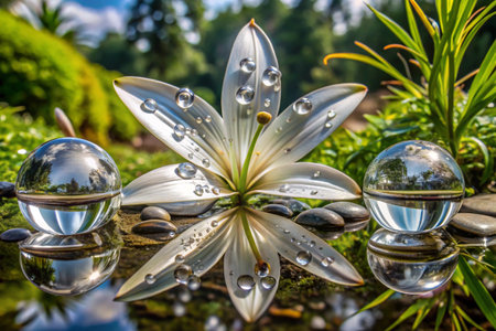 Water droplets on a flower in the garden with a reflection.の素材