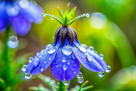 Blue flowers with raindrops on the petals in the forest.の素材