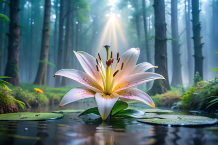 White lily flower on the water in the morning mist. Nature backgroundの素材