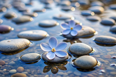 Beautiful blue flower in water with pebbles on the backgroundの素材
