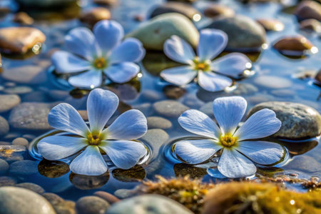 Flowers in the water with pebbles and stones on the backgroundの素材