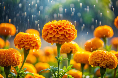 Orange marigold flowers in the garden with rain drops, Thailand.の素材