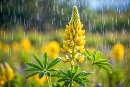 Yellow lupine flowers with rain drops in the morning. Selective focus.の素材