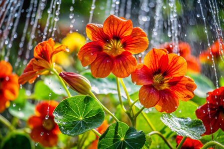 Nasturtium flowers with rain drops. Natural background, close upの素材